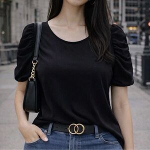 Theory Black Puff Sleeve 100% Silk Blouse Preppy Minimalist Business Casual